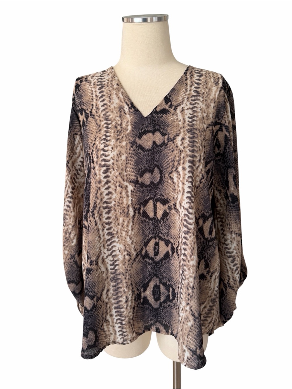 ADRIENNE V-Neck Snake Print Blouse - Taupe/Black Sz M